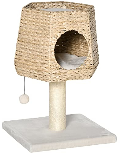 PawHut Árbol Rascador para Gatos Pequeño Altura 66 cm Torre Escalador de Gato con Cueva de Juncos Cama Superior Cojines Poste Rascador de Sisal y Bola Colgante Crema y Natural