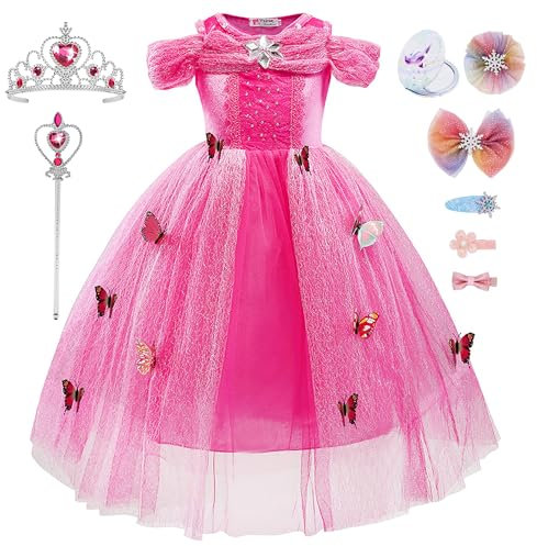 Monissy Déguisement de Princesse Cendrillon Tulle Manches Courtes Reine des Neiges Princesse Elsa Robe Longue Tulle Papillons Déguisement Soirée Halloween Noël Carnaval, Rose 1, 140