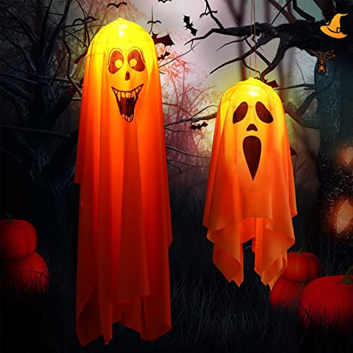 2 Pcs Ghost Windsock Flag with Lights, Halloween Hanging Ghost Decorations LED, Hanging Halloween Decoration Outdoor, Halloween Decorations Scary Wind Socks Cute Luminous Pendan Door Yard Garden Party