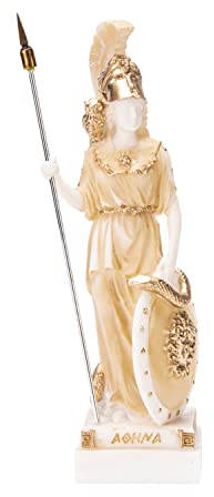 BeautifulGreekStatues Athene mit Eule Medusa hält Schild griechische Göttin Alabaster Statue Gold 17,8 cm
