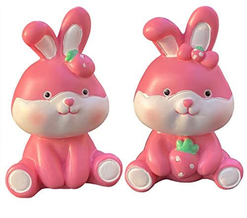 Osterhasen Figuren Rosa Miniatur Kaninchen Bunny Häschen Osterdeko Tischdeko | Geschenk für Mädchen Mini Hasen Dekofigur für Kinder Mikrolandschaft Puppenhaus Deko, 2 Stück, Pink