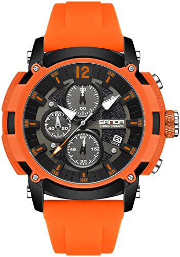 findtime Uhr Herren Armbanduhr Chronograph, Sportliche Coole Herrenuhr Orange 3ATM Wasserdicht Groß Multifunktional mit Datum Kalender Design Silikon Strap