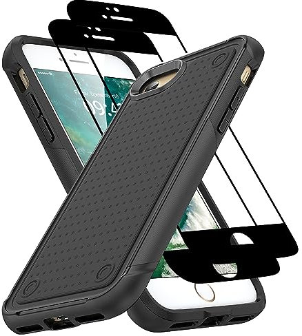 Jeylly Coque pour iPhone SE 2022/2020, iPhone 8/7, avec lot de 2 protections d'écran en verre trempé, double couche en polycarbonate rigide, en TPU souple, antichoc pour iPhone SE/8/7, noir