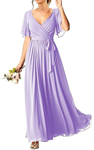 HPPEE Kurzärmeliges Hochzeitskleid für Damen, Junioren, Chiffon, lang, Maxi-V-Ausschnitt, Abendkleider mit Taschen, Flieder, 52 Plus