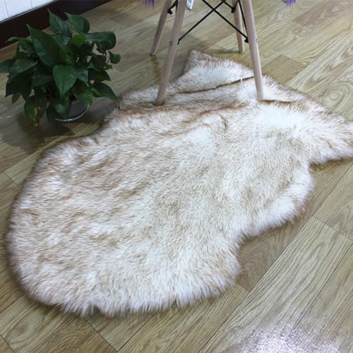 CHUYIX Plüsch Flauschige Teppiche Künstlicher Plüschteppich Kunstwolle Weiche Teppich Rutschfester Kunstfell Matte Rund Lammfell Fellteppich für Schlafzimmer Wohnzimmer Weißbraun 65x200cm