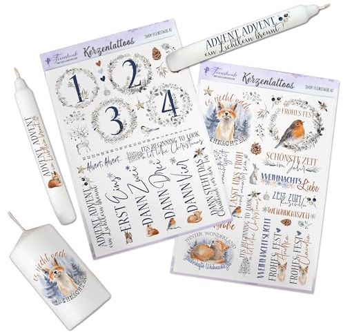 FEENSTAUB Kerzentattoos Weihnachten, 2er Set Kerzenfolien Weihnachten DIN A5, Wasserschiebefolie Kerzen, Weihnachtskerze 24 tage, Kerzensticker Advent, Kerzen Tattoo Folie Advent, Waldtiere