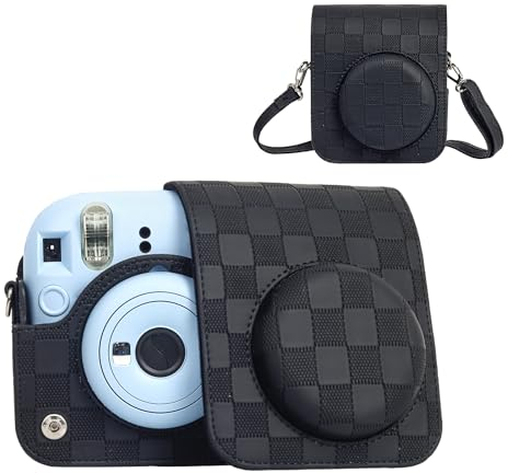 HIYQIN Kameratasche kompatibel mit Fujifilm Instax Mini 12 Sofortbildkamera, Kamera-Tragetasche im Schachbrett-Stil für Polaroid Instax Mini 12 mit Riemen – Schwarz