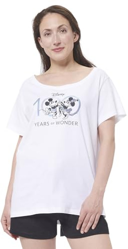 Disney Minnie Mouse 100 Years of Wonder Schlafanzug für Damen Pyjama Set Kurzarm Oberteil mit Hose Weiß/Schwarz
