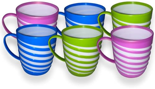 Cennet Plastic Coffee Mug with Handles - Reusable Unbreakable Lightweight Cups for Hot and Cold Tea, Milk, Water, Juice - Picnic, Camping Travel Party, BPA Free (6, Striped)