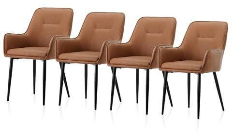 TUKAILAi Lot de 4 Chaises de Salle à Manger Simili Cuir, Chaises de Cuisine Rembourrées avec Accoudoirs Dossier, Pieds en Métal, Fauteuil de Cuisine Moderne pour Salon Bureau (Marron)