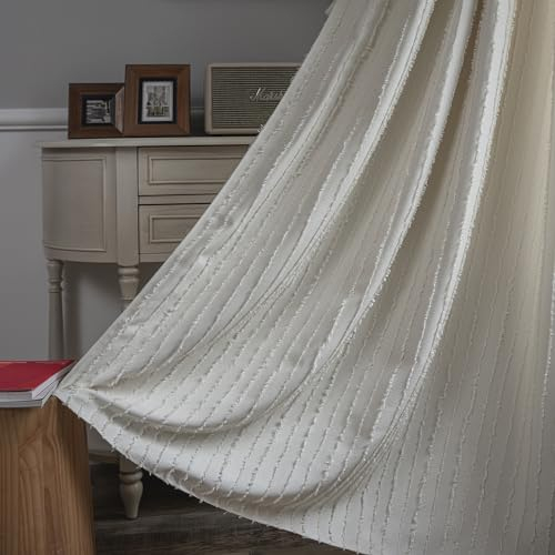 Tospass Vorhang Boho Shabby Chic Stricken Vorhänge Blickdicht mit Handgemacht Stickerei Quaste 2er Set Beige Weiß Vorhang Vintage Mikrofaser Gardienen für Wohnzimmer Schlafzimmer Curtains 140x300 cm