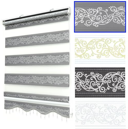 Brillant Doppelrollo Klemmfix ohne Bohren Grau Silber 200 x 90 cm (Länge x Breite) Duorollo Blickdicht mit Perlen, glitzert, Raffrollo Fenster Tür Zebra Perde Klemmrollo Seitenzugrollo