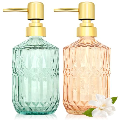 2 Pack 400ml Vintage Glass Soap Dispensers with Pump, Refillable Ribbed Design Liquid Soap Bottles for Bathroom, Vanity Countertop, Kitchen Sink, Laundry Room, Home Decor Accessories (Green&Orange)