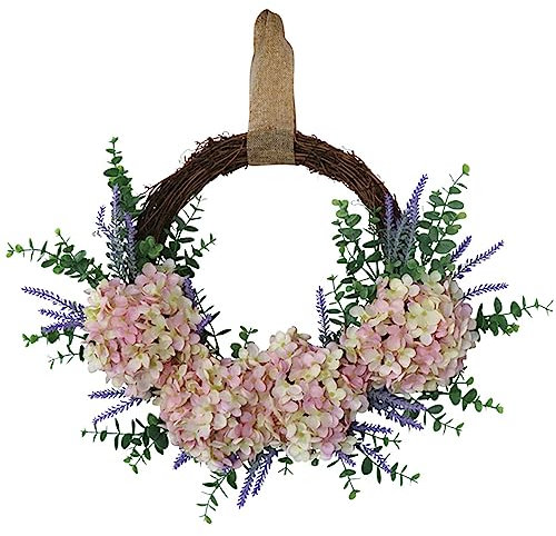 Renoncules Artificielles,Eucalyptus Wreath for Front Door, 45CM Silk Flower Eucalyptus Wreath with Olive Leaves, Handmade Green Pink Spring Summer Wreaths with Purple Lavender Eucalyptus Leaves