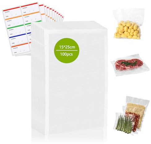 100 Stück Vakuumierbeutel 15x25cm, Vakuumier Beutel Vakuumbeutel Lebensmittel Vakuumierfolie Reißfest Wiederverwendbar für Alle Vakuumierer Kochfest und Sous Vide Gefrierbeutel