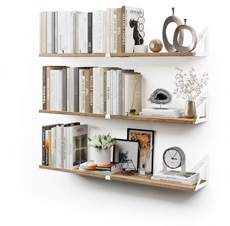CASSA Wall Mounted Floating Book Shelves for Wall Set of 3, Shelf Bookshelf for Bedroom Living Room Office Bathroom Kitchen Rustic Wood with Metal Bracket (Natural White Large)