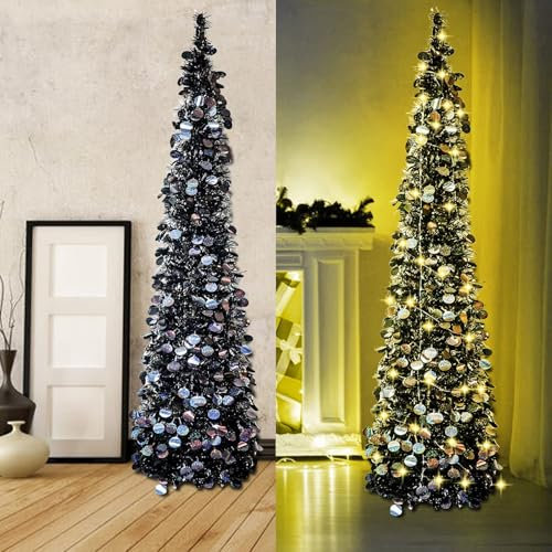 5ft Black Christmas Tree with 50 Lights, Pop Up Artificial Collapsible Pencil Tree,Lighted Tinsel Trees for Home Decor Bedroom Party Holiday Decorations WOKEISE