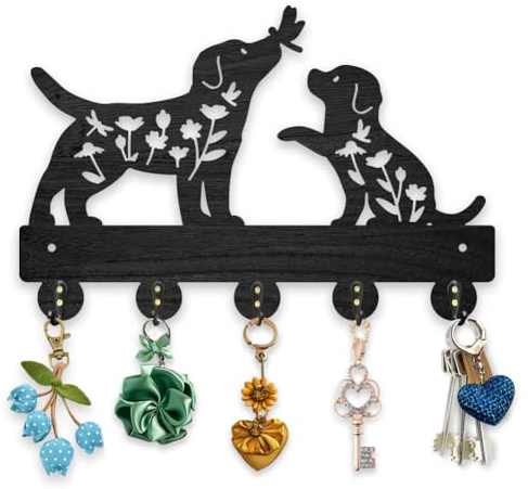 MAYJOYDIY Holz Hundeblume Floraler Kleiderhaken Hunde Libellen Schlüsselhalter 30×20cm Tier Schlüsselhaken Gestell Mit 5 Haken Aus Legierung Heimdekoration Geschenke Für Küche Badezimmer Aufbewahrung