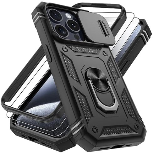 Pilaru 3 in 1 for iPhone 15 Pro Case with Front Frame |2 Separate Screen Protector| Kickstand Ring & Camera Cover Military Grade Drop Shockproof Protection for iPhone 15 Pro Phone,Black