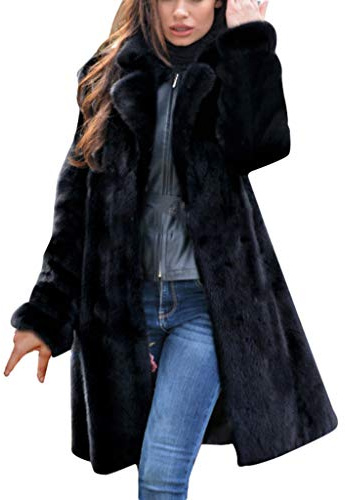 Damen Mantel Schwarz mit Pelz, Kunstpelz Mantel Faux Pelz Winterjacke Damen Winter Warm Kunstfell Jacke Lang Pelzmantel Elegant Einfarbig Felljacke Damenmantel Winterjacke mit Tasche