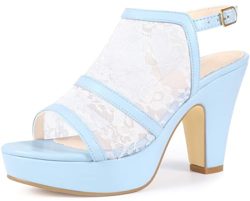 Perphy Platform Open Toe Chunky Heel Sky Blue Lace Sandals for Women 8.5 M US