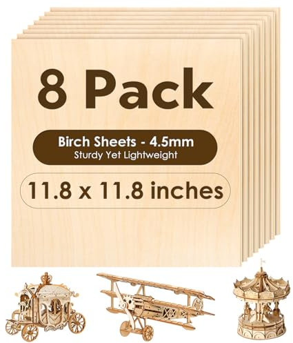 Birch Plywood Sheets 4.5mm, 8 Pack Plywood Sheets 11.8 x 11.8 Inch, Wood for Laser Cutting and Engraving, Stronger Than 3mm Basswood, Lightweight Yet Sturdy 0.18 inch Birch Wood Sheets