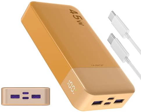 JUOVI Batterie Externe Rapide, Batterie Externe 45w, Power Bank 20000mah, Batterie Externe USB C Charge, PD et QC Charge 4-Ports, avec Affichage LED pour Laptop, Samsung iPhone 16 15 Pro (Orange)