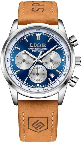 LIGE Uhr Herren Chronograph Edelstahl Wasserdicht Analog Quarz Männer Uhren Braun Lederarmban Herren Armbanduhren Mit Datum Leuchtende Business Casual Retro Sport Men's Watches,Silber Blau