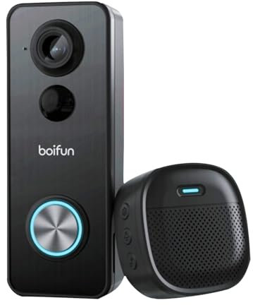 BOIFUN WLAN Türklingel Mit Kamera, 2K Video Türklingel, 180° Ultrabreiten Sichtfeld,2,4GHz WLAN, 2-Wege-Audio,AI Bewegungserkennung,IP65 Schutzart,Kompatibel Mit Alexa, Kein Abonnement Erforderlich