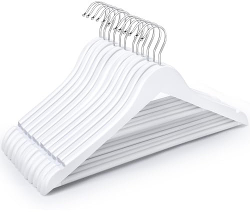 20er Set Kleiderbügel aus Holz,Premium bügel aus Massivholz–Mit Rutschfester Hosensteg,360°Drehhaken & Schulterkerben–Ideal für Anzüge, Hemden & Blazer，44,5 x 23 cm，Weiß Hangers