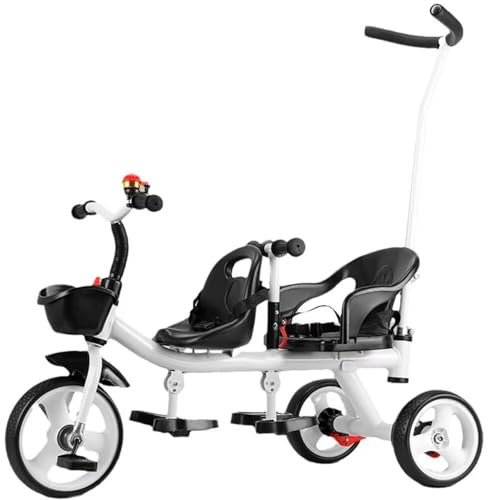 Generisch Tandem-Dreirad mit Zwei Sitzen, Kinderwagen mit Schubstange, Dreiräder mit Lenkung der Eltern, Rücksitz mit Gurt und Armlehne, Fußbremsen an den Hinterrädern, Dreirad mit Pedalen