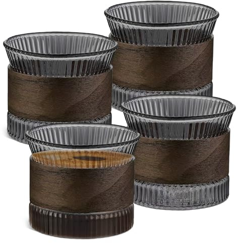 4er Set Espressotassen Glas - 150 ml Cappuccino Tassen mit Walnuss Holz Becherhülse, Espressotasse, Teetasse, Espresso Tassen Set, Cappuccino Gläser, Mokka Tassenset für Kaffeeliebhaber