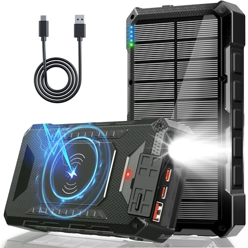 26800mAh Solar Power Bank, Wireless Charger Powerbank 45W PD Fast Charging with 4 Outputs, Flashlight, Waterproof, Solar Charger for Smartphones, Camping & Outdoor Use (Black)