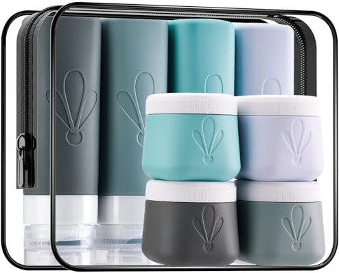 INSFIT 8 Piece Silicone Travel Bottles Set, TSA Approved Travel Bottles for Filling, 90 ml Travel Set Liquids 60 ml Cream Jars for Filling, Leak-Proof Travel Bottles Travel Gadgets