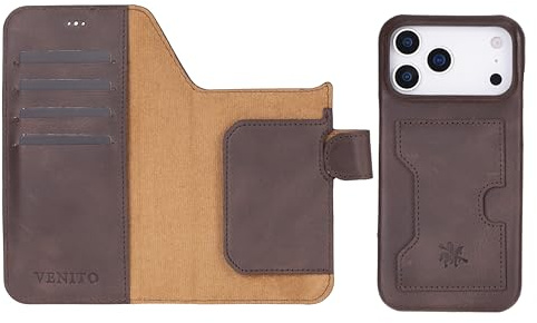 Venito Florence Wallet Case Kompatibel mit iPhone 17 Pro Max Luxus Vollnarbenleder 2 in 1 Brieftasche Abnehmbare Flip Cover Fall-/Aufprallschutz Starker Magnetverschluss 6,9 Zoll Kaffeebraun