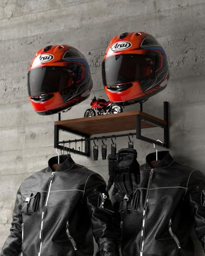 Vieshful Motorrad-Helmhalterung zur Wandmontage, 2 Hutständern, Helmhalter für Motorradzubehör-Aufbewahrung mit 4 Handschuhclips und 5 Haken Einstöckig