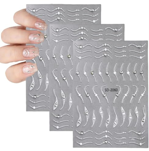 Rainway 3 Stück 5D Nagelsticke, Silber French Nail Art Aufkleber mit Kristall Linien Design - Selbstklebende Abziehbare 5D Relief Sticker für Frauen, Ins Style Maniküre Zubehör