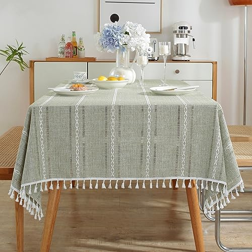 Grün Rechteckige Tischdecke aus Baumwoll-Leinen mit Streifen und handgefertigten Quasten, Waschbar und Knitterfrei, Tischdekor für Esszimmer und Küche, 140 x 180 cm