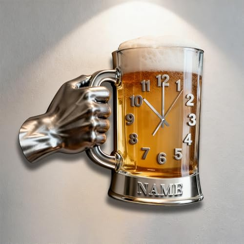 Personalized Beer Mug Wall Clock Custom Name Beer Themed Clock, 2D Beer Cup Wall Art Decor for Bar Man Cave Bedroom Living Room, Christmas Birthday Gifts for Men Women