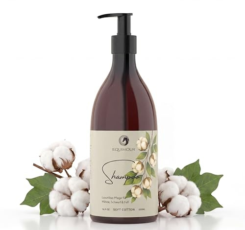 Equimour Pferdeshampoo Soft Cotton – Protein-Shampoo, 500 ml | Protein-Shampoo mit pflanzlichen Ölen, Bambus-Extrakt & Kokosöl – sanfte Fellpflege mit Pumpspender