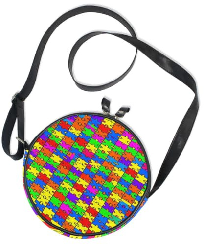 Round Crossbody Bag Canvas Messenger Purse Bright Rainbow Jigsaw Puzzle