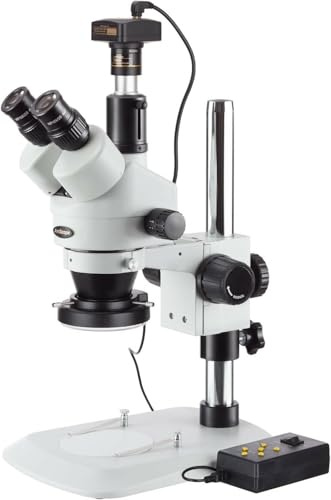 AmScope - Microscope stéréo Zoom 3,5X-90X avec caméra 10MP + lumière 4 Zones 144 LED