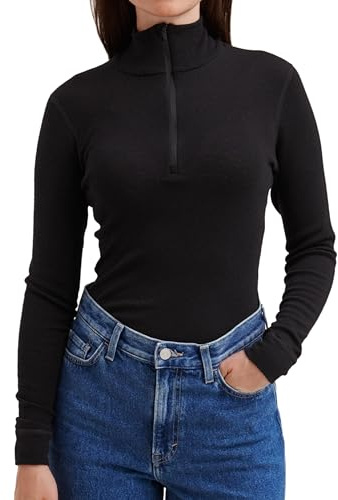 DILLING Women's Long Sleeve top with high Neck and Zip - Organic Merino Wool Black 14