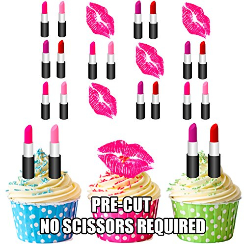 AK Giftshop PRE-CUT Make Up Lipstick - Edible Cupcake Toppers/Cake Decorations (Pack of 12)