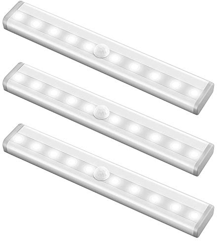 AMIR Motion Sensor Light Bar, (10 LED, 3 Pack) Battery Operated Wardrobe Light, Closet Night Light with Stick-On Magnetic Strip, Auto On/Off, for Wardrobe, Closet, Cabinet, Kitchen, Stairs, White