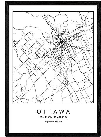 Nacnic Imprimer Plan de la ville d'Ottawa style nordique noir et blanc. affichage A4 papier imprimé No 250 gr. Peintures, estampes et affiches pour le salon et chambre à coucher