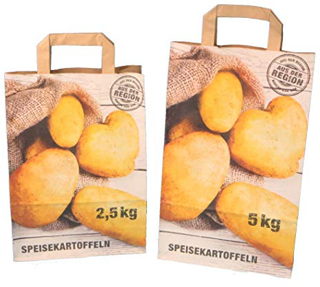 250 Papiertragetaschen Kartoffeltragetaschen Papiertüten für Kartoffeln KRAFT 90g/m² Aufdruck Speisekartoffeln 22+10x31cm 2,5kg - Inkl. Verpackungslizenz in D