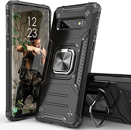 IDYStar Hybrid-Schutzhülle für Galaxy S10 Plus, Falltest-Abdeckung mit Autohalterung, Ständer, schmale Passform, stoßfest, Schutzhülle für Galaxy S10 Plus, Schwarz