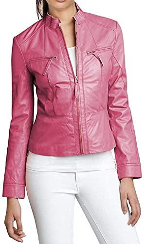 HiFacon Veste en cuir pour femme - Rose vif - En cuir véritable - Pour femme, rose vif, XX-Large