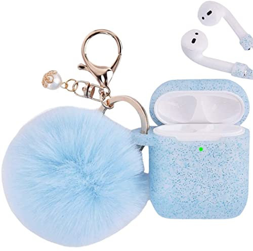 Airpod 2 Gen Case Cover PERSONALLY YOURZ Airpod 1st, 2nd Generation Case Silicone Protective Case Cover 【Support Wireless Charging, Front LED Visible】 Keyring & Soft Fluffy Pompom – GLITTER BLUE